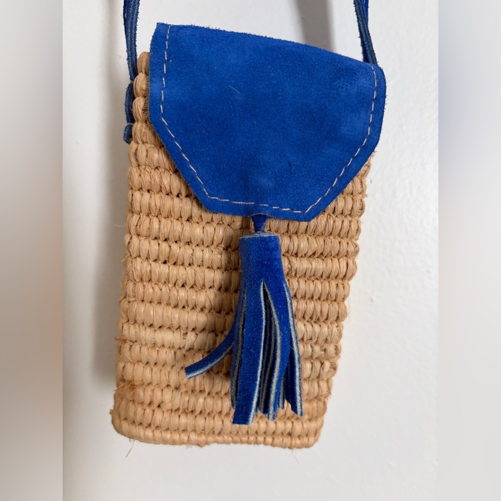 Blue Suede Flap Woven Crossbody Bag